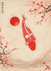 A Japanese-style illustration featuring a koi fish swimming against, moon backdrop, with Japanese text. The background has a minimalist, abstract style with blossoming tree branches