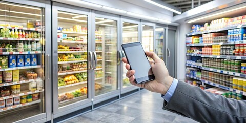 Customer holds smartphone to access high-tech convenience store, gates sliding open upon digital recognition, modern retail technology enabling seamless shopping experience in suburban setting.