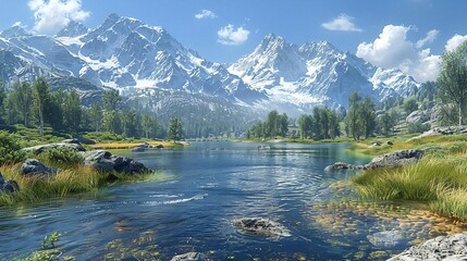 Sticker - Mountain Lake and Snowy Peaks - 3D Illustration