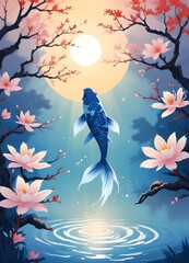 A Japanese-style illustration featuring a koi fish swimming against, moon backdrop, with Japanese text. The background has a minimalist, abstract style with blossoming tree branches