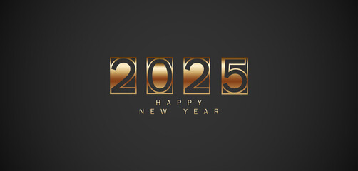 Wall Mural - The phrase Happy New Year 2025 displayed in gold on a black background, illustrating a vibrant and joyful New Year celebration