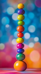 Wall Mural - Colorful stack of smooth spheres against vibrant bokeh background, playful and abstract concept