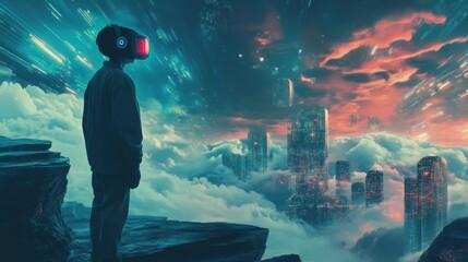 Canvas Print - A lone figure in a VR headset gazes at a futuristic city floating in the clouds