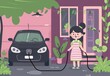 © VICHIZH - A girl charging an electric car at home in a colorful garden setting