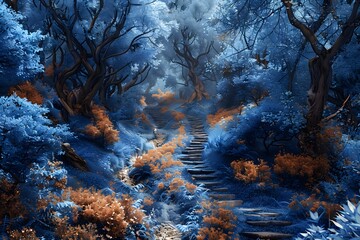 Wall Mural - Enchanted Blue Forest Pathway with Vibrant Foliage