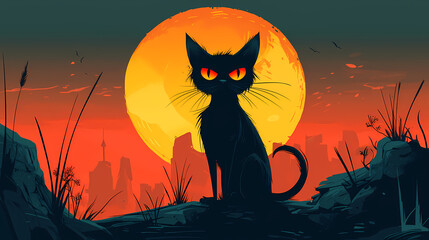 Wall Mural - Black Cat Silhouette Against a Sunset Sky