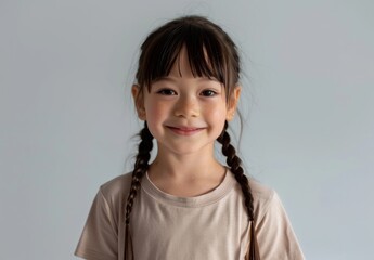 Wall Mural - A smiling young girl with long braids and a yellow sweater stands against a plain background. Her bright eyes and happy expression convey a sense of joy and charm.