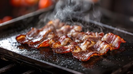 Sizzling Bacon Strips on a Hot Griddle with Savory Aroma