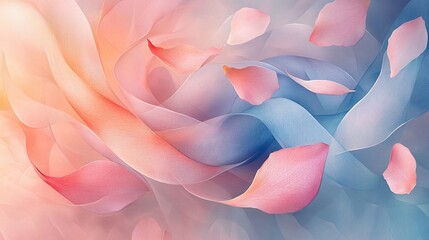 Wall Mural - A delicate, abstract illustration of flowing petals in soft pastel hues of pink, blue, and peach, creating a serene and airy composition.
