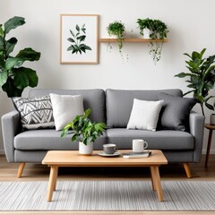 Wall Mural - A living room with a grey couch and a coffee table with a vase of plants on it