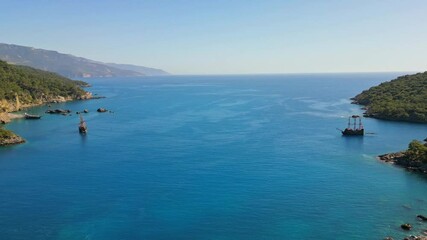 Wall Mural - Fethiye sea, coastline, beach aerial landscape by drone in Mediterranean Turkey. 