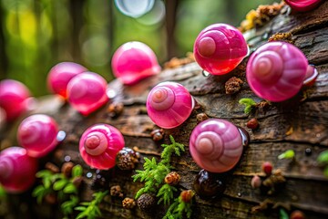 Vibrant pink snail eggs cling to rough tree trunks, glistening in morning dew, showcasing nature's intricate wonders in a humid forest ecosystem.