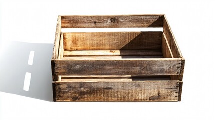 A rustic wooden crate box with weathered edges and visible grain, placed on a stark white background, casting a soft shadow