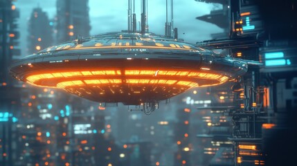 Futuristic Cityscape with Flying Saucer