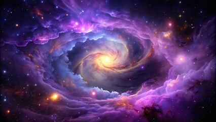 Vibrant purple nebula unfolds amidst a starry galaxy, with swirling clouds of gas and dust illuminated by a distant, radiant, otherworldly light.