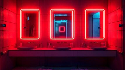 Wall Mural - Three Vanity Mirrors With Red Lights in a Modern Bathroom