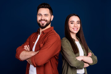 Canvas Print - Photo of cheerful lovely married couple wife husband wear stylish clothes crossed arms isolated on dark blue color background