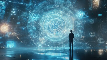 Silhouette of a Man Contemplating a Futuristic Digital Interface
