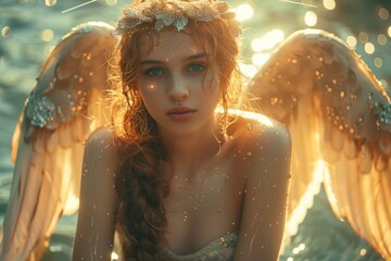 angel with golden wings and a braided hairstyle sits gracefully by the water, illuminated by the warm glow of the setting sun. The angel's gentle expression and the sparkling light surrounding her