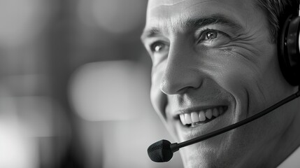 a middle-aged male customer service representative smiling and wearing a headset with a microphone on focus with a blurry monochrome background