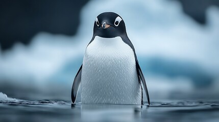 Wall Mural - A penguin stands in the water with a blurred background of ice and snow.