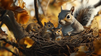 Poster - Squirrels Nestled in Autumn Leaves