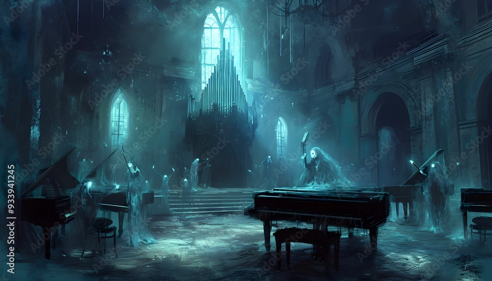Musical ghosts haunting an abandoned concert hall, playing ethereal ...