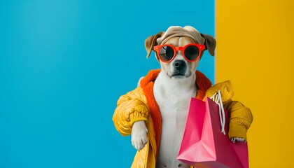 Creative animal concept pet shopping, dog puppy in glam fashionable couture high end outfits isolated on bright background advertisement copy space background.