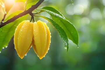 Fresh yellow starfruit on the tree with blurred background