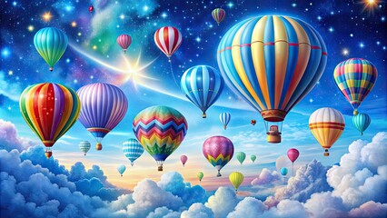  Vibrant, whimsical illustration of a bright blue sky with fluffy white clouds, colorful hot air balloons, and a few scattered stars, evoking a sense of wonder.