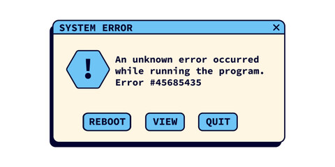 System error message in retro style. Crash window notification in blue color. Warning vintage window.