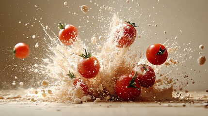 juicy tomatoes bursting with flavor, captured in a dynamic splash, showcasing vibrant colors and fre