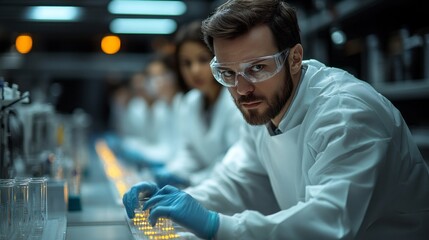 Wall Mural - a scientist in a lab coat examines delicate samples with precision under dimmed fluorescent lights, 