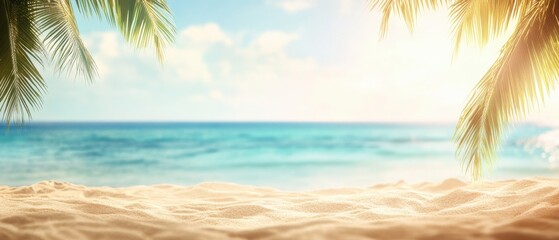 Wall Mural - Sunlit tropical beach with palm leaves, clear blue ocean, and white sand under blue sky.