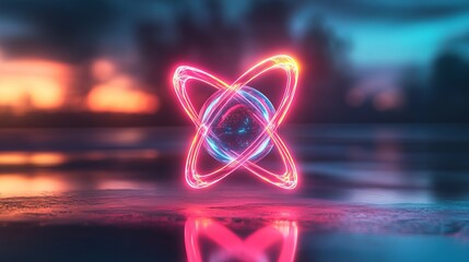 Sticker - Colorful glowing atom model with vibrant light reflections at sunset