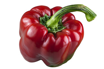 A single, bright red bell pepper with a green stem isolated on white transparent background