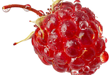 A single, ripe raspberry covered in water droplets, isolated on white transparent background