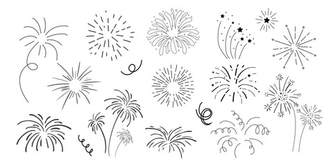 Sticker - Set fireworks doodle line explosion radial sparkler with rays, hand drawn firecrackers simple and round decoration isolated on white background.