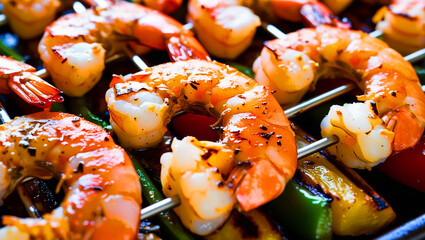 Wall Mural - A close-up of grilled shrimp on a skewer