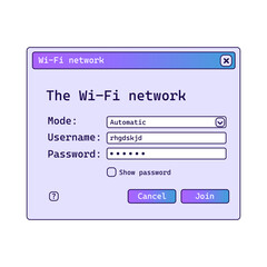 Wifi password window with gradient in old style. Network settings panel in purple and blue colors.