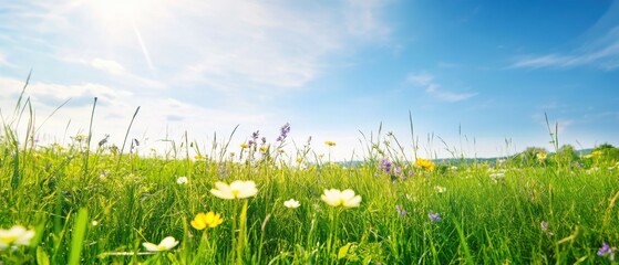 Wall Mural - A vibrant meadow in full bloom on a sunny day, showcasing colorful wildflowers under a clear, blue sky.