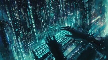 Wall Mural - Hands reaching into a futuristic city made of glowing code