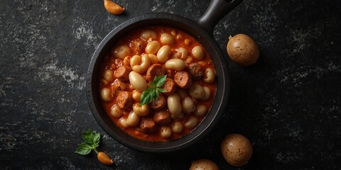 White beans and sausage in tomato sauce cooked on a stovetop displayed on a black stone background from above.