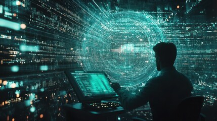 Silhouette of a Hacker Working in a Digital World