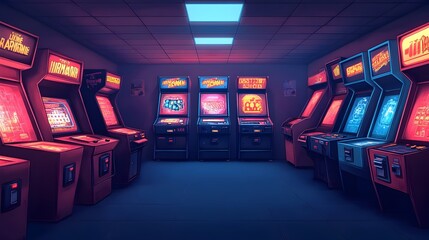 Retro Arcade Game Room Setup with Vintage Cartoon Style Machines and Neon Decor