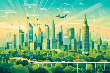 book futuristic illustration in the style modern city, tall buildings, urban background.