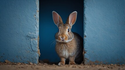 Wall Mural - Rabbit peeking out of a hole in a blue wall, cute pet concept.