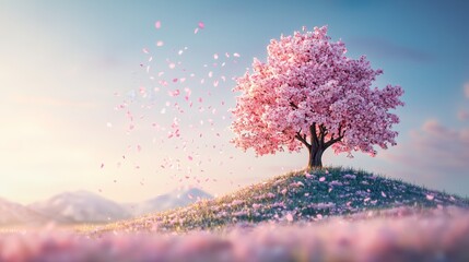 Poster - Cherry Blossom Tree on a Hill with Petals Falling.