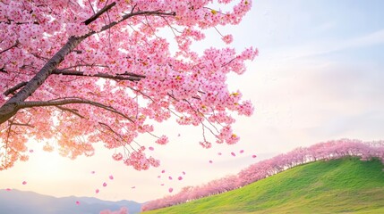 Canvas Print - Cherry Blossom Tree Branch with Falling Petals.