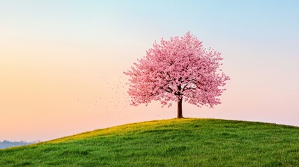 Poster - Pink Cherry Blossom Tree on a Green Hill at Sunset